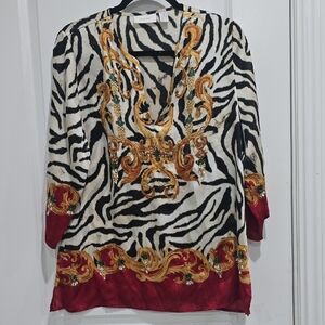 Chico's Zebra Print Tunic with Red and Gold Accents